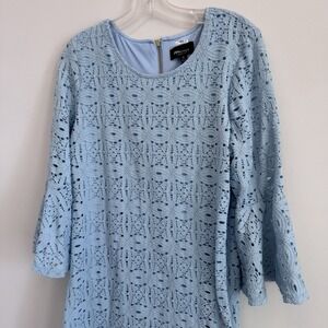 RN Studio Blue Lace Shift Dress Women's Size 14 Bell Sleeve Lined Zip Back